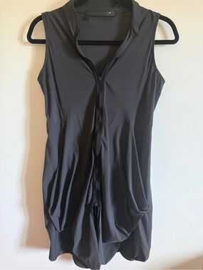 Porto San Fran Black Zip Front Tunic Dress Sleeveless Athleisure Travel Chic